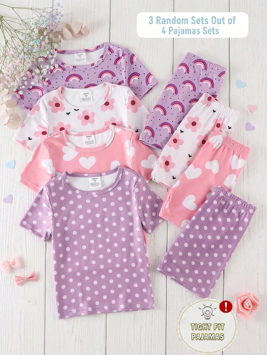 3套/6件装 女童幼儿白色、粉色、紫色花卉、爱心、彩虹、波点可爱印花柔软贴身短袖上衣和短裤睡衣套装 - 彩色 - 查看 1