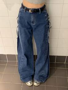 DAZY Quần jeans ống rộng dáng suông buộc dây bên hông, phong cách thường ngày cho nữ, thích hợp mặc đi làm. - Màu xanh lam - Xem 1
