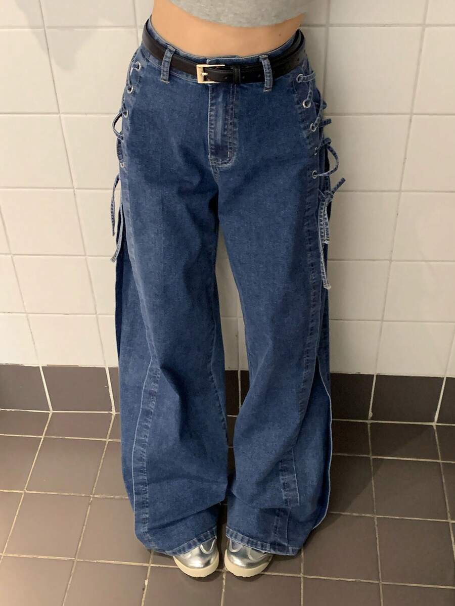 DAZY Quần jeans ống rộng dáng suông buộc dây bên hông, phong cách thường ngày cho nữ, thích hợp mặc đi làm. - Màu xanh lam - Xem 1