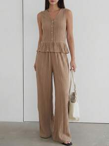 Dazy-Less Women's Loose Fit Tank Top And Wide Leg Pants Set, Textured Fabric, Casual Beach/Resort Style, Spring/Summer Lounge Sets For Women - Khaki - View 4