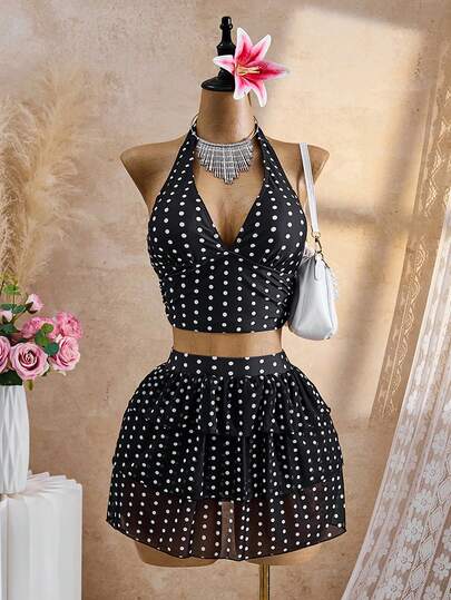 Bellisia 3pcs/Set Women's Polka Dot Chiffon Skirt Swimwear Set, Casual Cute Fashion Elegant Halter Tankini Outfit For Beach Music Festival, Spring/Summer