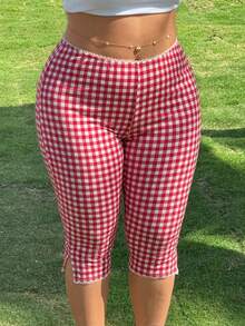 SHEIN EZwear Plus Size Summer Casual Plaid Split Hem Cropped Leggings - Black - View 6