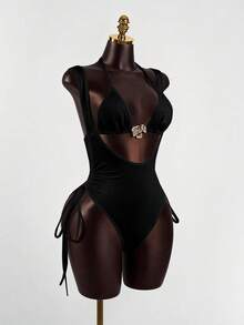 EMERY ROSE Women's Solid Color Metal Decor Hollow Design Sexy Halter Jumpsuit - Black - View 3
