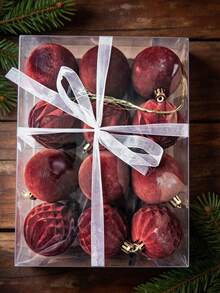 Christmas Tree Decorations 12 Pcs Velvet Ornaments For Christmas Tree, Mixed Sizes Flocked Ornaments For Xmas Holiday Hanging Decorations (Burgundy) - Multicolor - View 5