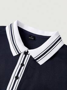 男士休閒拼接配色短袖 Polo 衫，深藍色塊，適合高爾夫風格、網球運動，前襟鈕扣，學院風與男友風 - 藏蓝色 - 查看 5