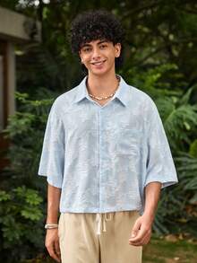 Open Phase Men's Street Style Casual Shirt, Lightweight Breathable Fashionable Cut-Out 3D Textured Short Sleeve Button-Up Shirt, Cropped Loose Fit Versatile Sky-Blue Couples Outfit, Suitable For Weekend Dates Beach Vacations Beach Parties Daily Shopping, Perfect Gift For Boyfriend & Son & Mother's Day - Blue - View 4