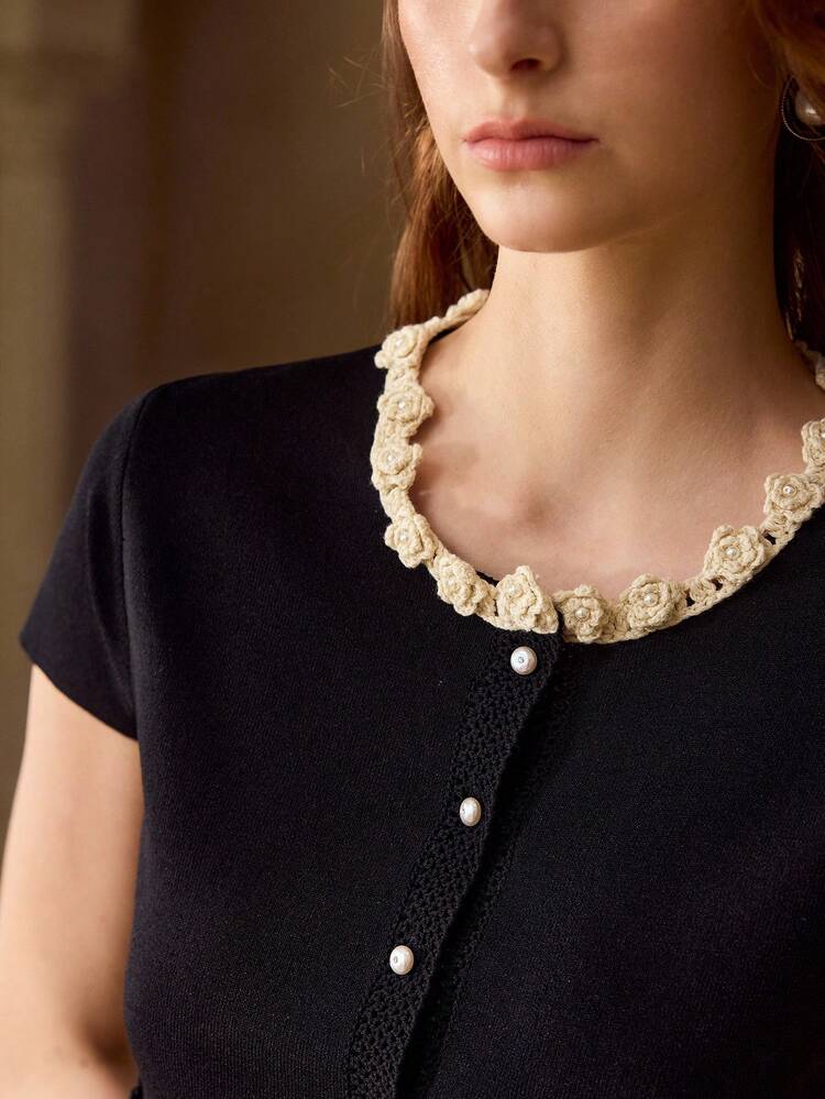 FRENCH ELEGANT FAUX PEARL BUTTON CONTRAST LACE KNIT CARDIGAN