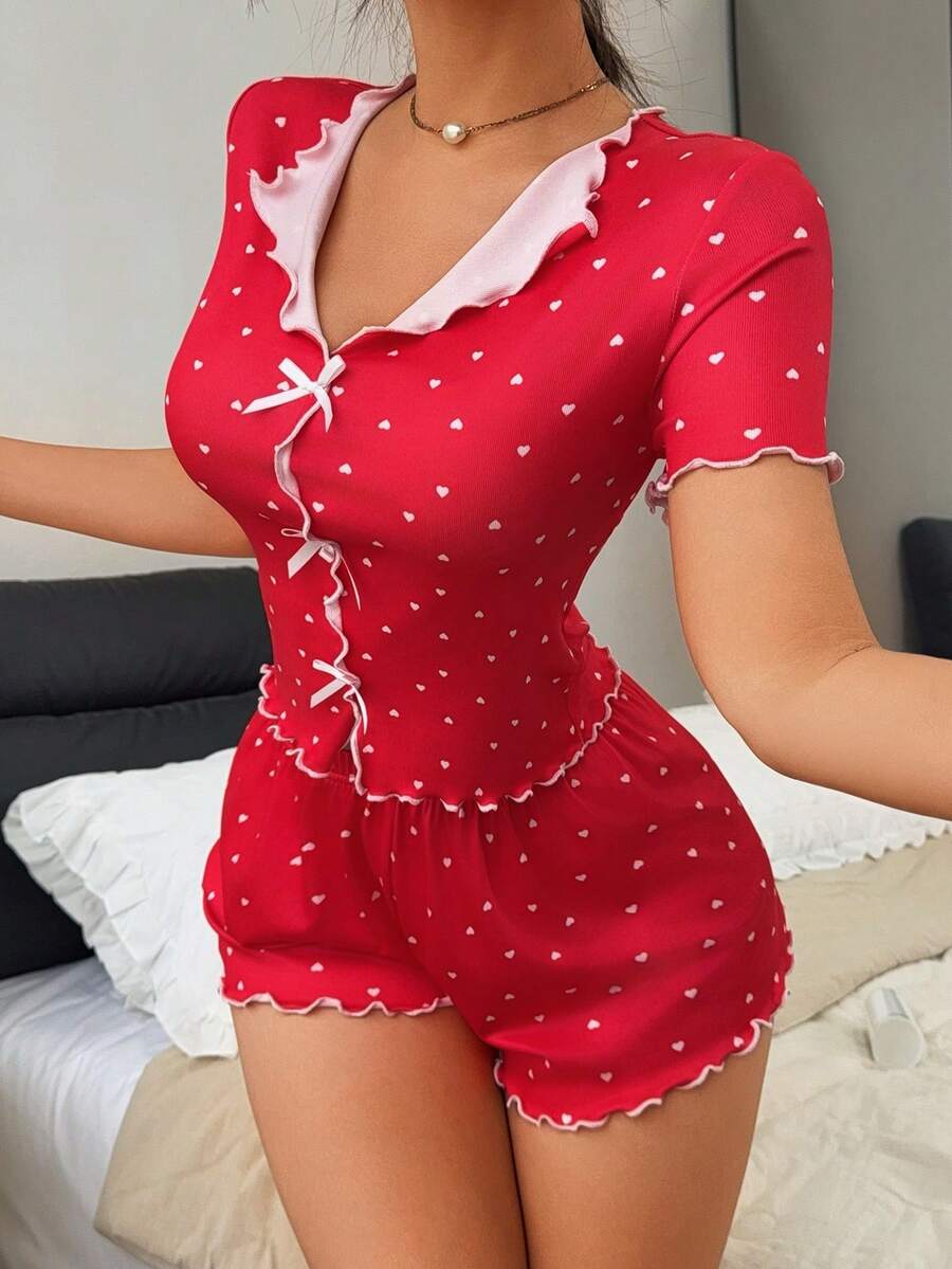 SHEIN 女士针织罗纹爱心印花撞色滚边两件套睡衣，甜美可爱又不失性感睡衣，女士春夏服装 - 紅色 - 查看 1