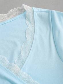 Elamini Women's Spring/Summer White French Romantic Lace Patchwork V-Neck Tie Blouse - Blue - View 6