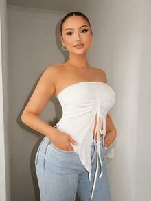 SHEIN SXY Summer Drawstring Front Asymmetrical Hem Tube Top - White - View 5