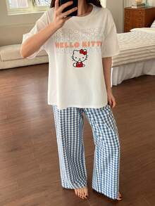 HELLO KITTY | DAZY 女士卡通字母印花T恤和格子睡裤睡衣套装，夏季 - 白色 - 查看 3