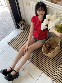 Women's Casual Refreshing Collared Short Sleeve Shirt, Spring/Summer - Red - View 6