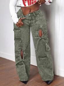 Slaydiva Plus Size Women Cargo Pocket Button Casual Versatile Daily Wear Wide Leg Jeans Brown Spring - Army Green - View 1