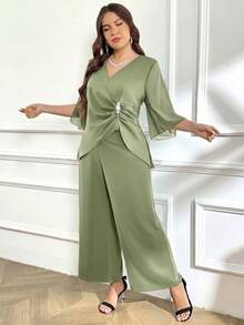 Reflora Plus Size Women's Elegant Party Banquet V-Neck Ruched Waist Rhinestone Top And Wide Leg Pants 2-Piece Set, Suitable For Spring, Summer And Autumn Fall - Mint Green - View 5