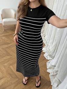 SHEIN LUNE Đầm dự tiệc và thường ngày thanh lịch, cổ tròn kẻ sọc dành cho nữ cỡ lớn - Nhiều màu - Xem 6
