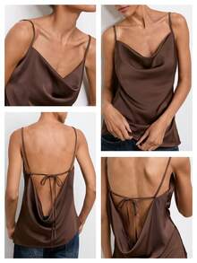SHEIN Maija Summer Camisole, Spaghetti Strap, Open Back, Tie Strap, Drape Neckline, Satin Sheen, Casual & Comfortable, Urban Backless Top Tied São João Women's Clothing Mother's Day - Brown - View 6