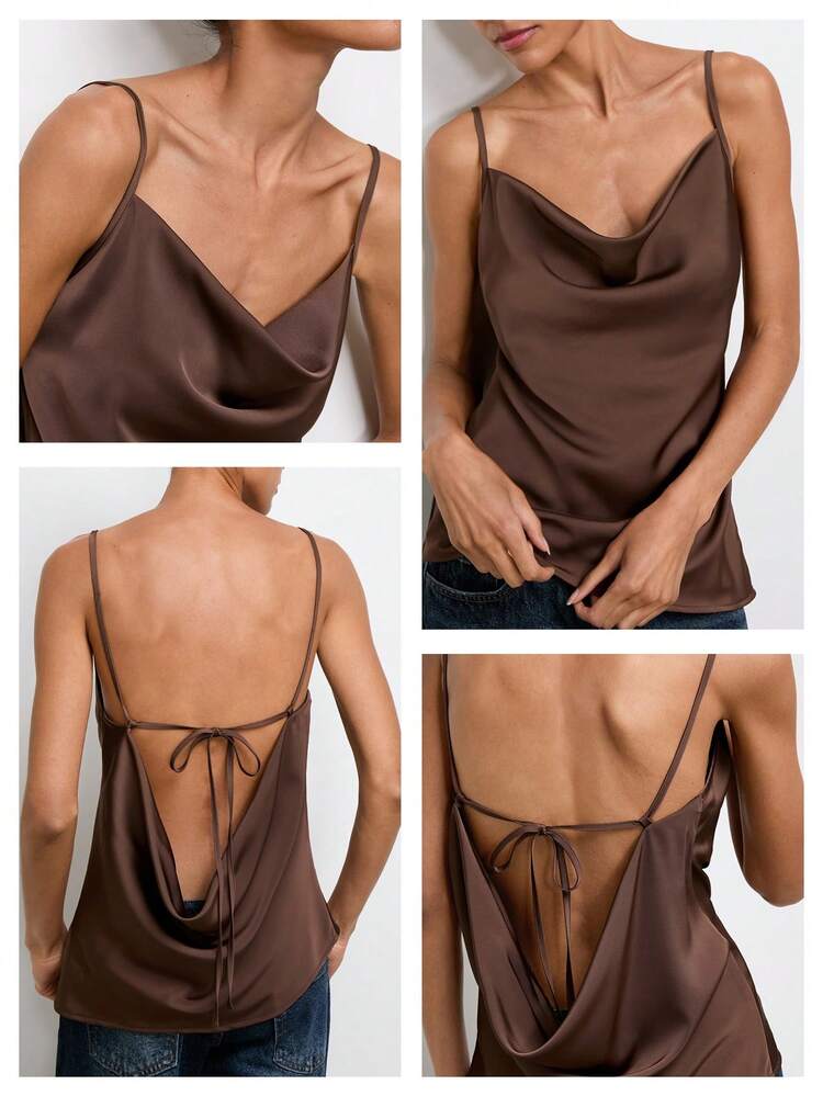 SHEIN Maija Coffee Brown Summer Seductive Night Out Women's Silk Satin Camisole,Spaghetti Strap Open Back Drape Neckline Tie Backless Top Summer Outfits