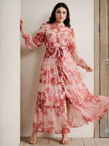 Anewsta Spring & Summer New Arrival Stand Collar Dopamine Floral Print Elegant Maxi Dress, Fashionable Vacation Style, Suitable For Valentine's Day Outfit - Multicolor - View 6