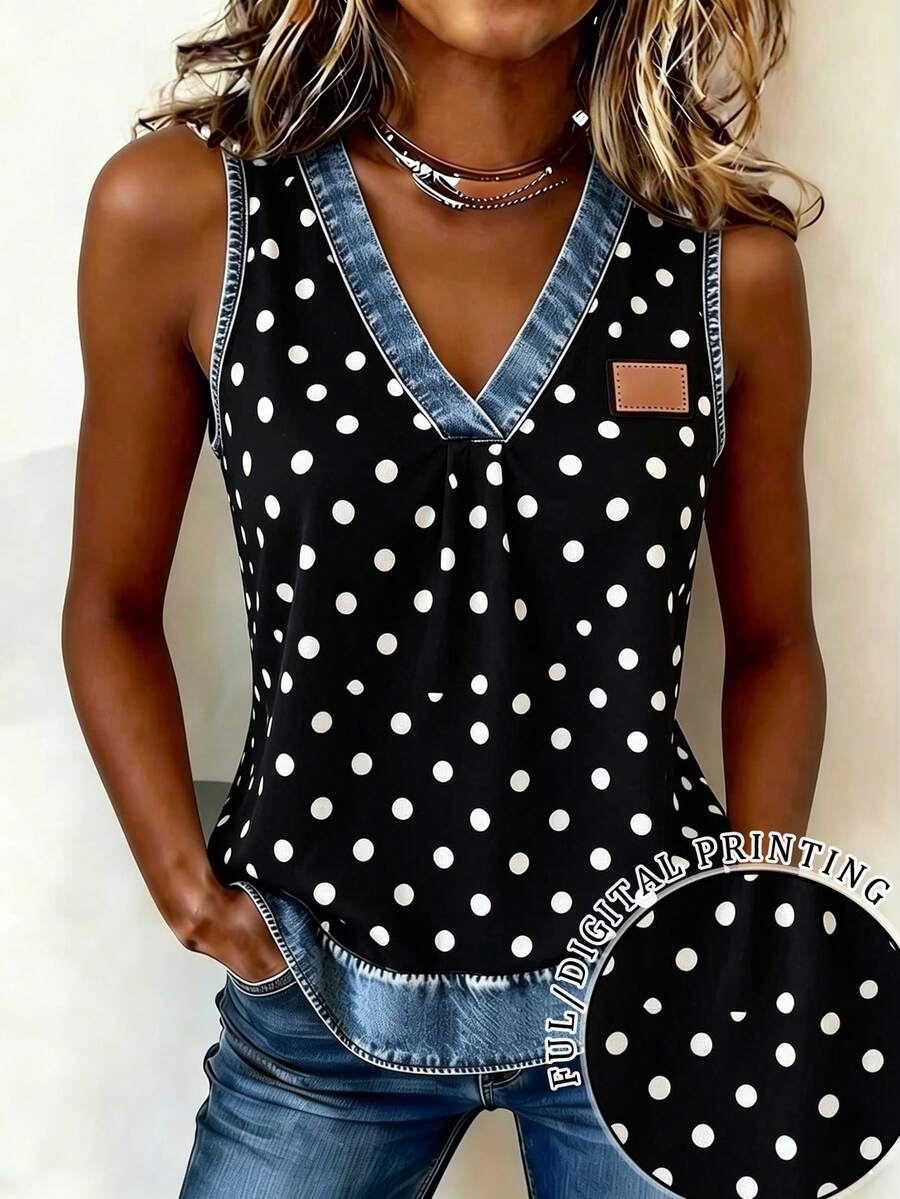 EMERY ROSE Camisole Leher V Motif Polkadot Patchwork Efek Denim Gaya Liburan Vintage Musim Panas Baru untuk Wanita - MultiWarna - View 1