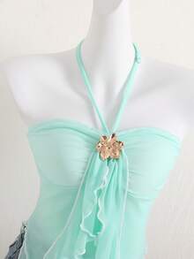 SHEIN Sparklyn Top camisole sans bretelles vert menthe élégant d'été pour adolescentes, top court sans manches à ourlet asymétrique à volants, chemisier transparent à col décoré de fleurs pour les vacances - Bleu azur - Voir 6