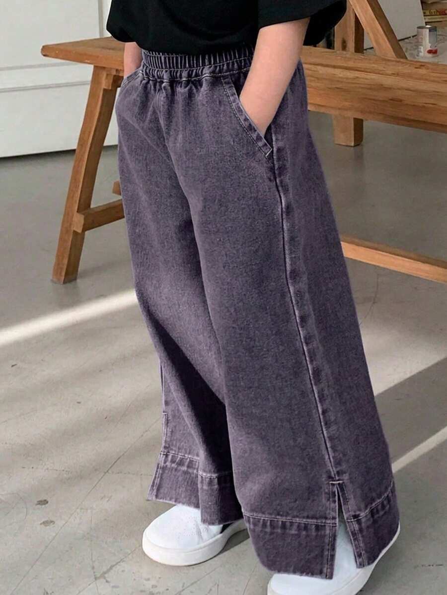 Dazy Kids Young Girl Casual Fashion Street Style Everyday Commute Minimalist Versatile Washed Open Hem Loose Wide Leg Jeans - Purple - View 1