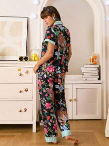 Chillnights Young Tiger & Floral Print Ruffled Women Pajama Set - Black - View 2