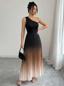 Modelyn Đầm ombre thời trang dành cho nữ với thiết kế tay áo bất đối xứng, đầm xếp ly xòe rộng, thích hợp cho tiệc tùng và ngày lễ. - màu đen - Xem 4