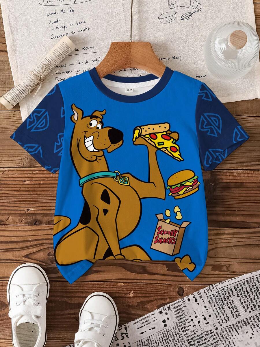 SCOOBY-DOO X SHEIN Áo thun tay ngắn cổ tròn in hình hoạt hình bé trai, kiểu dáng thường ngày, thích hợp mặc hàng ngày. - trắng - Xem 1