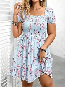Elenzga Plus Size Women's Pink Floral Square Neck Dress, Puff Sleeve, Flattering, Casual/Work/Vacation Soft Aesthetic Short Skater Dress - Blue - View 2