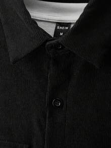 Manfinity Homme 男士纯色休闲长袖衬衫，带口袋，秋冬款 - 黑色 - 查看 3
