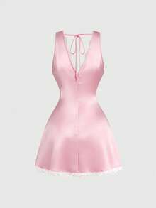 Chân váy mini ôm sát cổ chữ V phối ren mới cho mùa hè, thời trang và gợi cảm. - Hồng - Xem 2