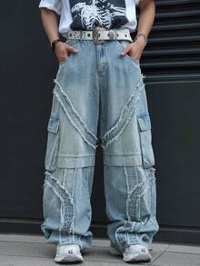 Manfinity EMRG Quần jeans denim nam phong cách thường ngày, kiểu dáng đường phố, gấu quần rách, túi nắp gập, không kèm thắt lưng. - Màu xanh lam - Xem 3
