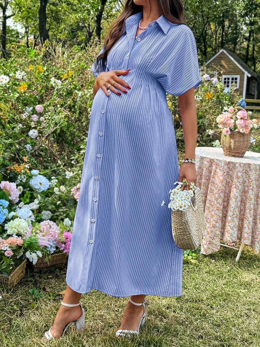 SHEIN Đầm bầu tay ngắn dáng cánh dơi kẻ sọc, kiểu dáng thường ngày, cài một hàng khuy. - Màu xanh lam - Xem 1
