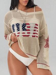 Swim SXY Women's Oversized USA Flag Star Print V-Neck Hollow Out Knit Cover Up Red And White Summer Casual Beach Vacation Party Independence Day Retro Mesh - Beige - View 6