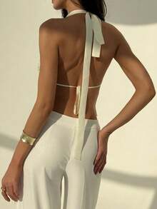 Aloruh Women's Solid White Beaded Embroidery Halter Backless Tie Camisole, Spring/Summer - White - View 2