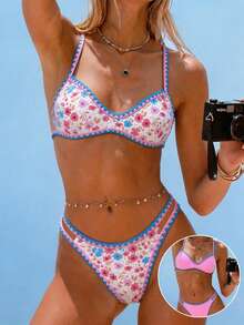 Swim Mod Nuevo conjunto de bikini de dos piezas con volantes de color contrastante, estilo floral dulce europeo y americano, de cuello halter y espalda descubierta, con tanga de corte alto, traje de baño sexy para playa, vacaciones y fiestas - Multicolor - Ver 10