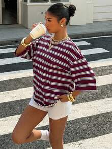 Muchica 95% Cotton Blue And White Stripe Women's T-Shirt,Summer Streetwear City Break Round Neck Loose Dropped Shoulder Mid-Length Top,Y2K Style Casual Wear - Multicolor - View 4