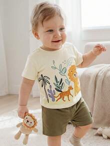 Cozy Pixies Set de 2 piezas de top de punto holgado de cuello redondo y pantalones cortos con estampado de animales y graffiti lindo, adecuado para salidas casuales de primavera/verano para niño/niña bebé - Verde - Ver 13