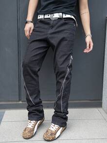 Manfinity EMRG Men's Casual Zip Detail Slant Pocket Denim Jeans - Black - View 6