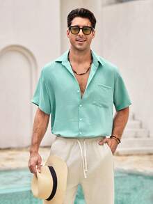 Mercer Haus Camisa casual de unicolor para hombre, chaqueta-camisa de manga corta de moda, verde menta, camisa de playa de resort hawaiano - verde menta - Ver 5