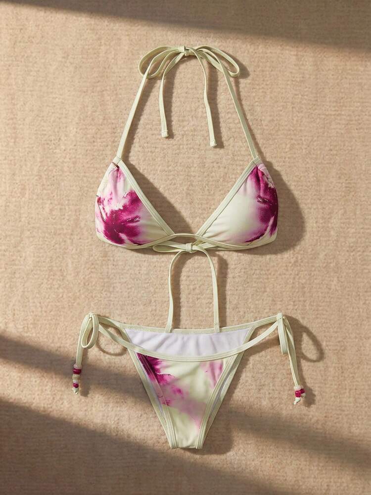 レディース夏ビーチ フローラル柄ホルターネック セクシー ビキニ水着セット