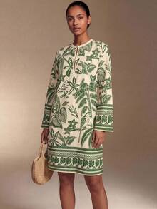 Swim Oasis Women's Printed Dress, Round Neck Flare Sleeve Loose Casual Boho Holiday Dress Holiday Tea Party Sage Green Summer - Green - View 4