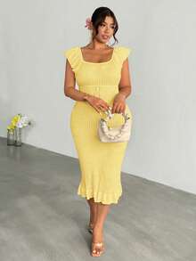 Firerie Plus Size Solid Color Fitted Knit Dress Fall - Light Yellow - View 6
