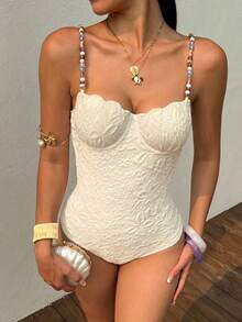 Opulessa Traje de baño de una pieza con escote espalda descubierta, nudo y cuentas, de unicolor, sexy y para vacaciones en la playa, para mujer - Multicolor - Ver 4