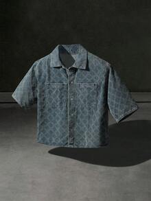Manfinity Denimwave Áo sơ mi nam tay ngắn chất liệu denim xanh, kiểu dáng thường ngày, chất liệu dệt kim. - Rửa trung bình - Xem 1