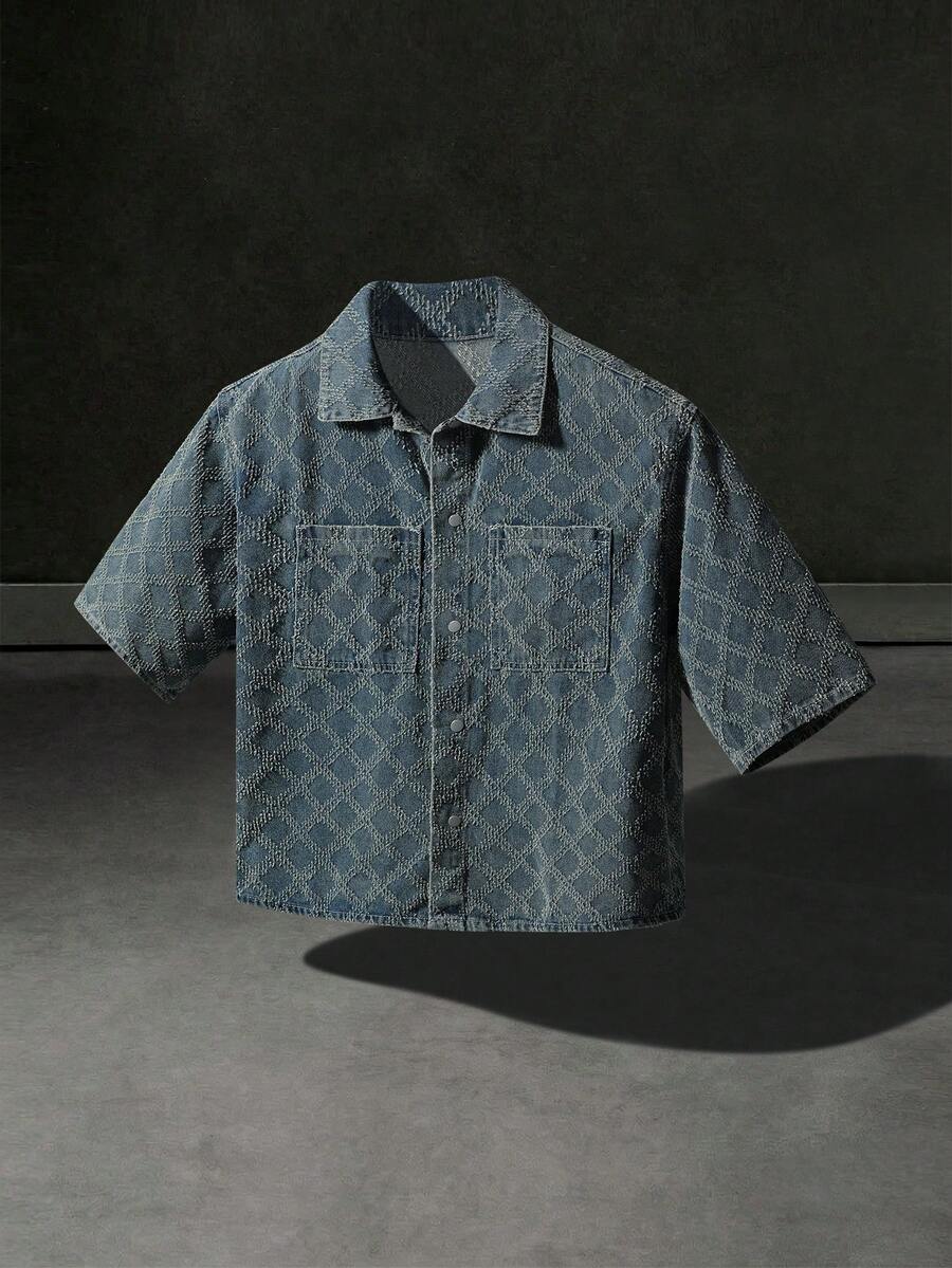 Manfinity Denimwave Áo sơ mi nam tay ngắn chất liệu denim xanh, kiểu dáng thường ngày, chất liệu dệt kim. - Rửa trung bình - Xem 1