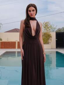 Bris Aura Women's Solid Color Mesh Plunging Back Tie Wrap Dress, Sexy See-Through Vacation Dress,Valentine's Day,Valentine Outfits For Women Party Elegant - Coffee Brown - View 6