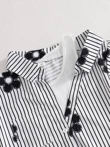 SHEIN Sparklyn This Is A Short-Sleeved Striped Shirt For Tween Girls, Designed In A Fake-Two Pieces Style. It's A Stylish And Casual Item Perfect For Everyday Wear, Featuring Blue And White Stripes. It's Ideal For Girls In The Summer And Also An Excellent Choice For School Performances Or Gatherings – Really Adorable! - Black and White - View 4