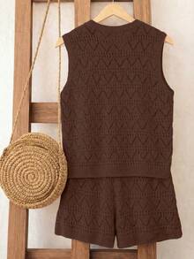 Franclia Women's Shades Of Brown 2-Piece Sweater Set,Summer Casual Vacation Holiday Beach Loose Knit Vest & Hollow Out Short Pants Bohemian Retro Chic Outfit - Coffee Brown - View 2