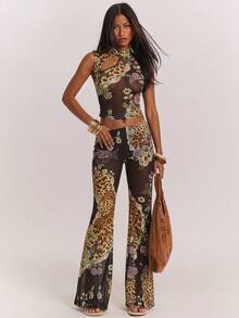 SHEIN BAE Solid Color & Floral Animal Print Elastic Mesh Sheer Sleeveless Slim Fit Top, Cute For Valentine's Day Party & Night Out, Spring/Summer,Summer - Brown - View 1